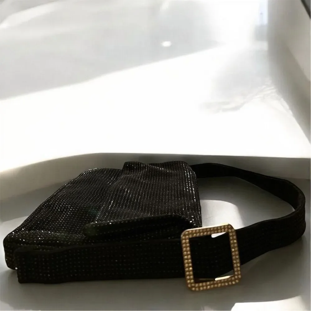 Women's Black Beaded Fabric Rhinestone Buckle Accent Evening Shoulder Handbag